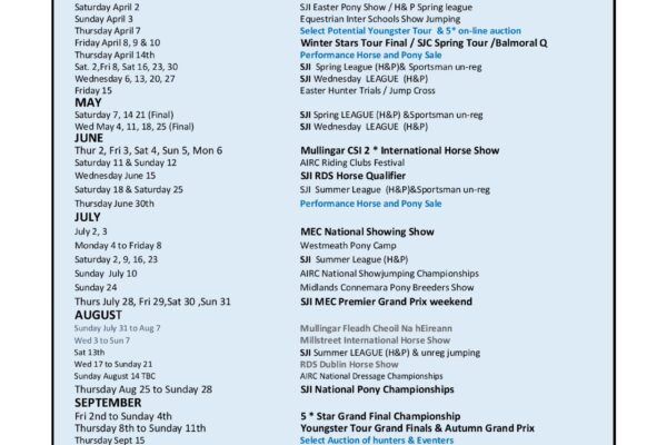Mullingar Equestrian 2022 Draft Calendar of Events